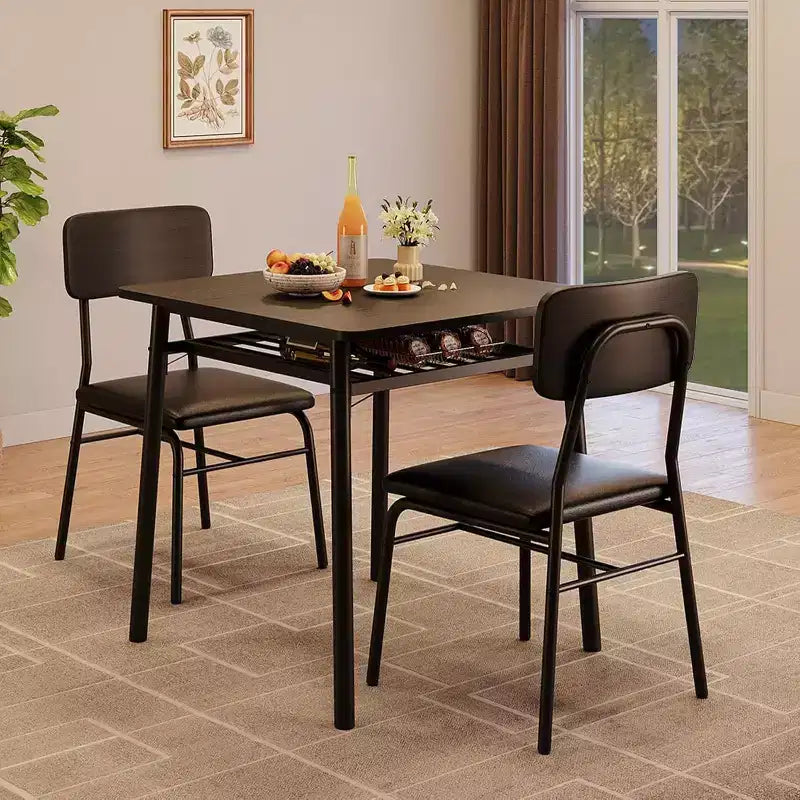 Set da pranzo 3 pezzi per 2 persone – Nero/Grigio, tavolo quadrato con ripiano e sedie imbottite