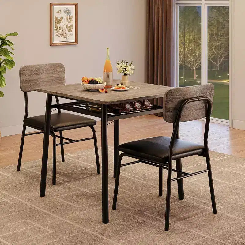 Set da pranzo 3 pezzi per 2 persone – Nero/Grigio, tavolo quadrato con ripiano e sedie imbottite
