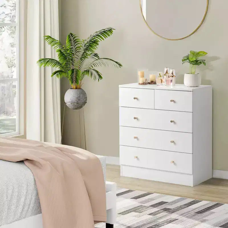 Cassettiera bianca a 5 cassetti, mobile contenitore moderno per camera da letto