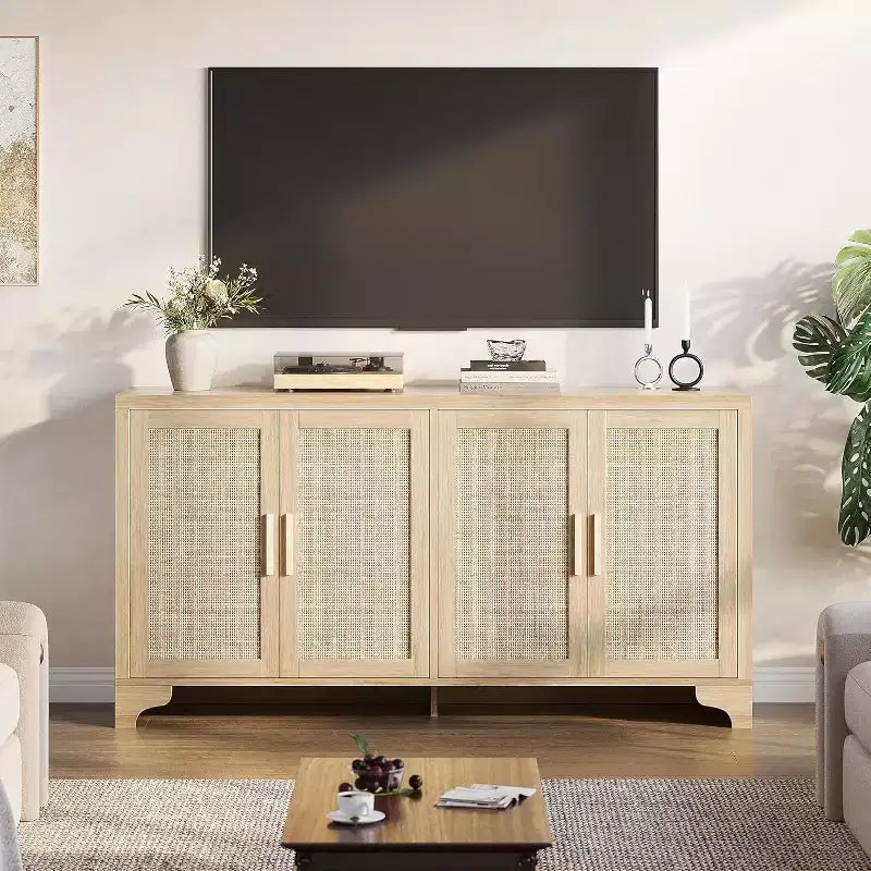 Madia/Mobile buffet a 2 ante con pannelli in rattan, Nero / Naturale / Rovere / Bianco