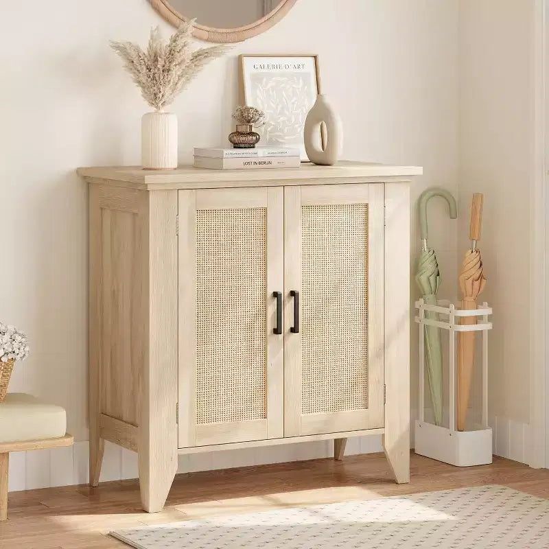 Madia/Mobile buffet a 2 ante con pannelli in rattan, Nero / Naturale / Rovere / Bianco