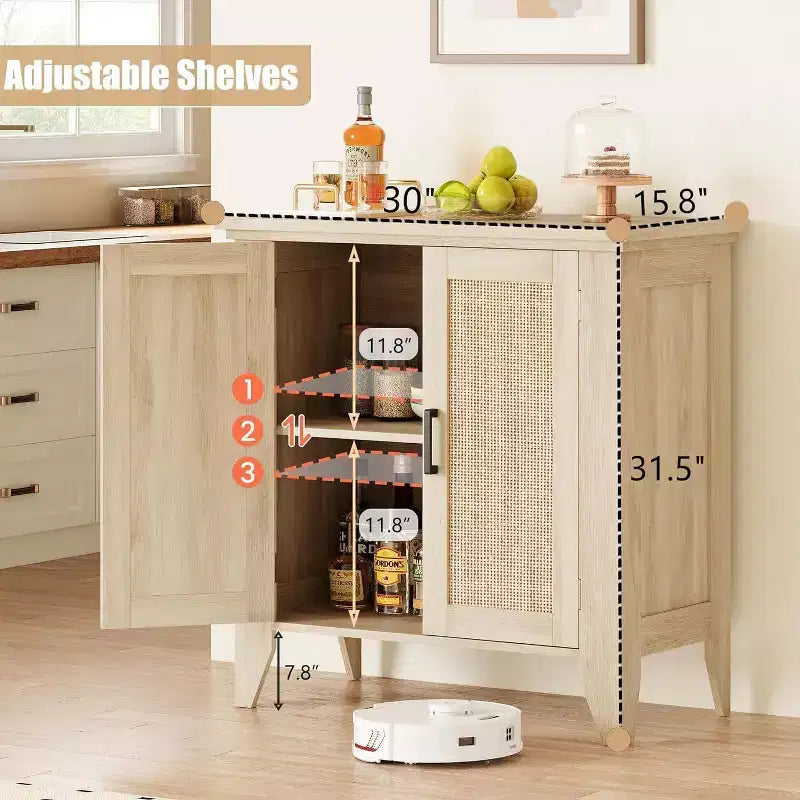 Madia/Mobile buffet a 2 ante con pannelli in rattan, Nero / Naturale / Rovere / Bianco