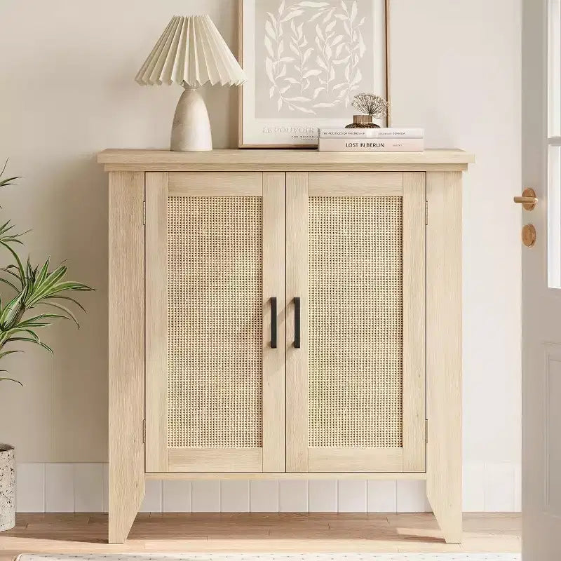 Madia/Mobile buffet a 2 ante con pannelli in rattan, Nero / Naturale / Rovere / Bianco
