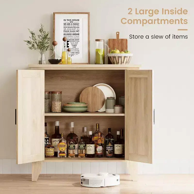 Madia/Mobile buffet a 2 ante con pannelli in rattan, Nero / Naturale / Rovere / Bianco