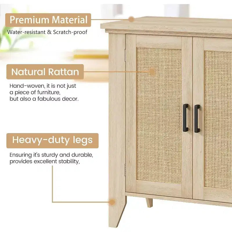 Madia/Mobile buffet a 2 ante con pannelli in rattan, Nero / Naturale / Rovere / Bianco