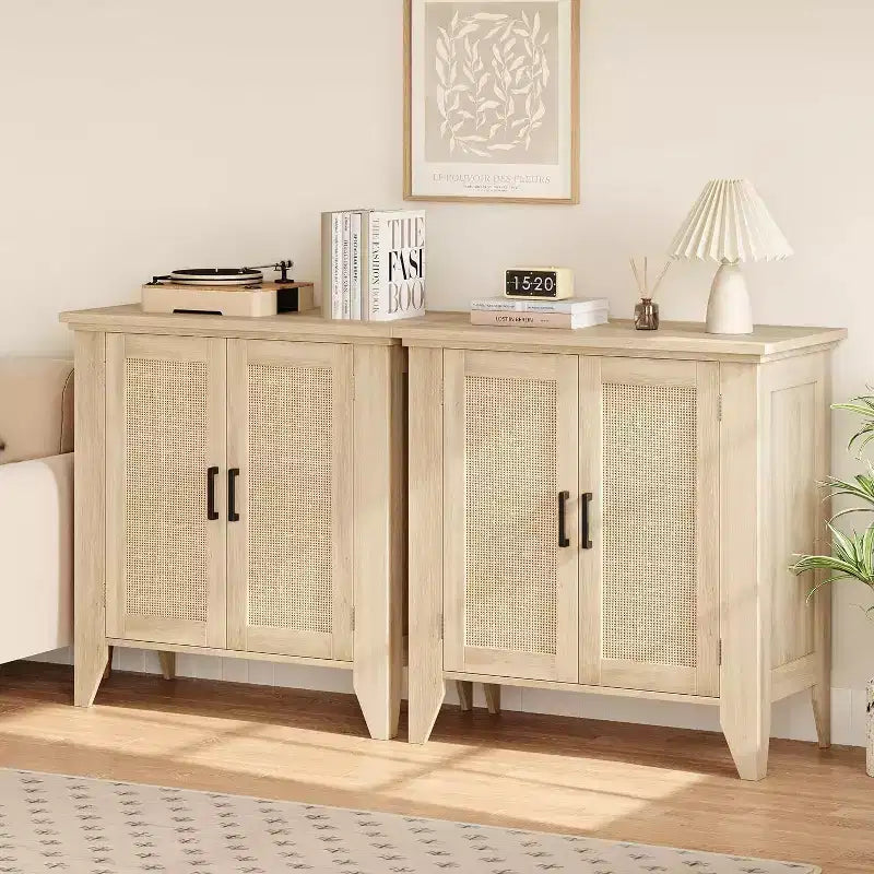 Madia/Mobile buffet a 2 ante con pannelli in rattan, Nero / Naturale / Rovere / Bianco