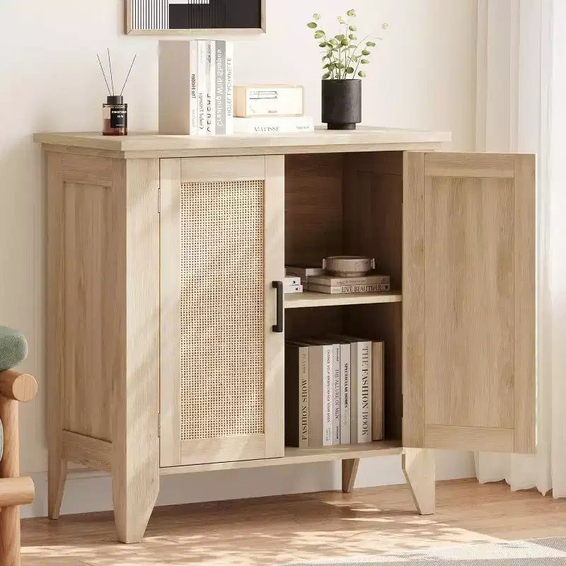 Madia/Mobile buffet a 2 ante con pannelli in rattan, Nero / Naturale / Rovere / Bianco