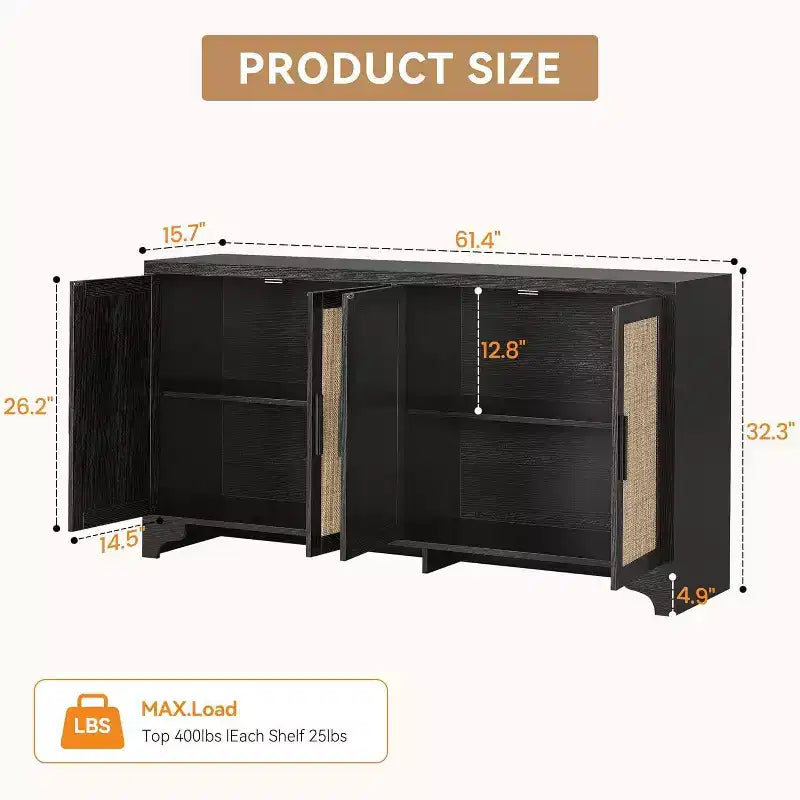 Madia/Mobile buffet a 2 ante con pannelli in rattan, Nero / Naturale / Rovere / Bianco