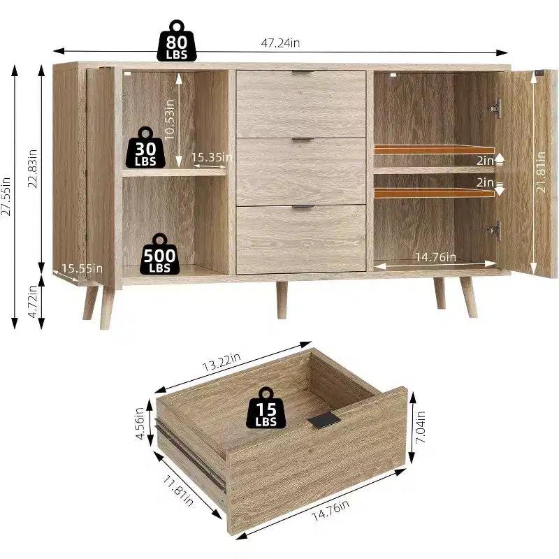 Madia/Mobile buffet a 2 ante con pannelli in rattan, Nero / Naturale / Rovere / Bianco