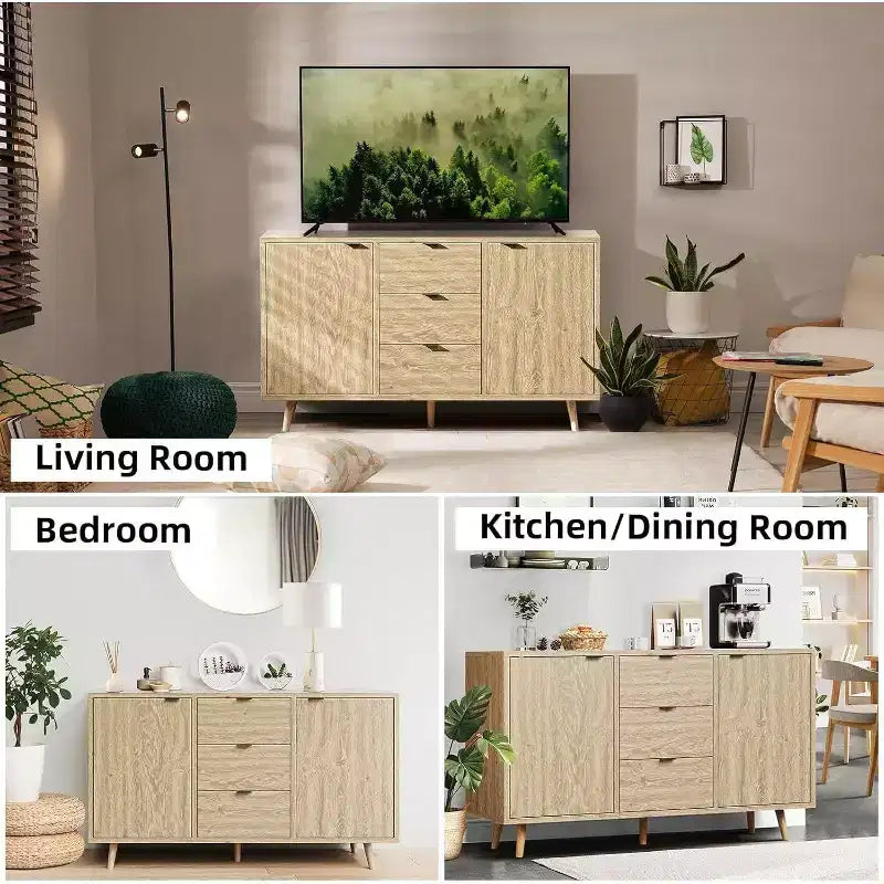 Madia/Mobile buffet a 2 ante con pannelli in rattan, Nero / Naturale / Rovere / Bianco