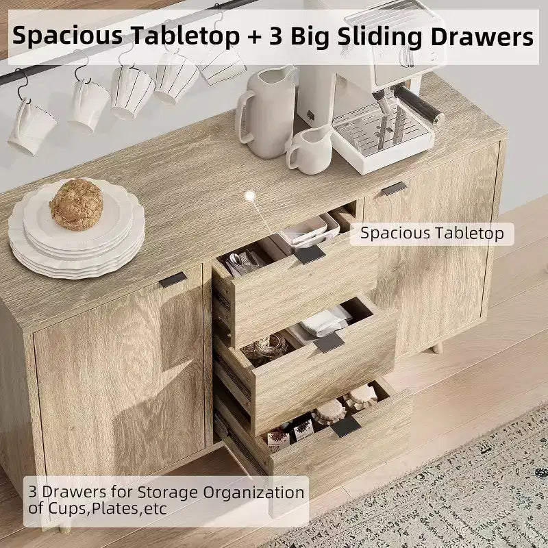 Madia/Mobile buffet a 2 ante con pannelli in rattan, Nero / Naturale / Rovere / Bianco