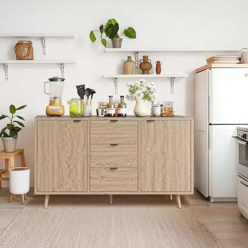Madia/Mobile buffet a 2 ante con pannelli in rattan, Nero / Naturale / Rovere / Bianco