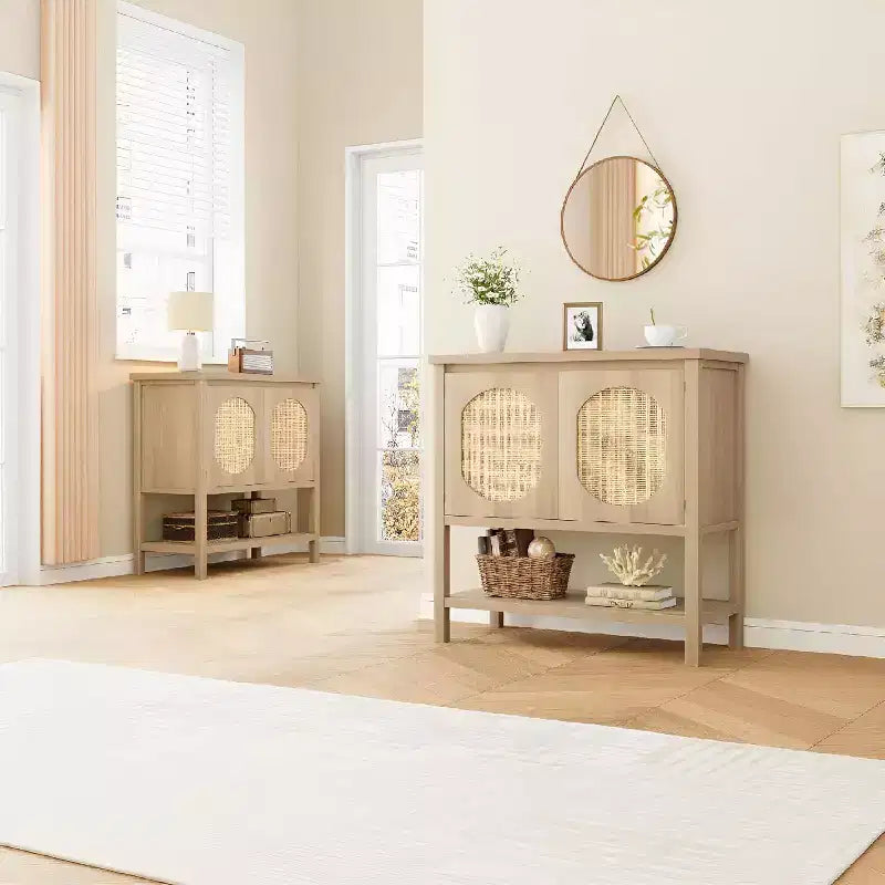 Madia/Mobile buffet a 2 ante con pannelli in rattan, Nero / Naturale / Rovere / Bianco