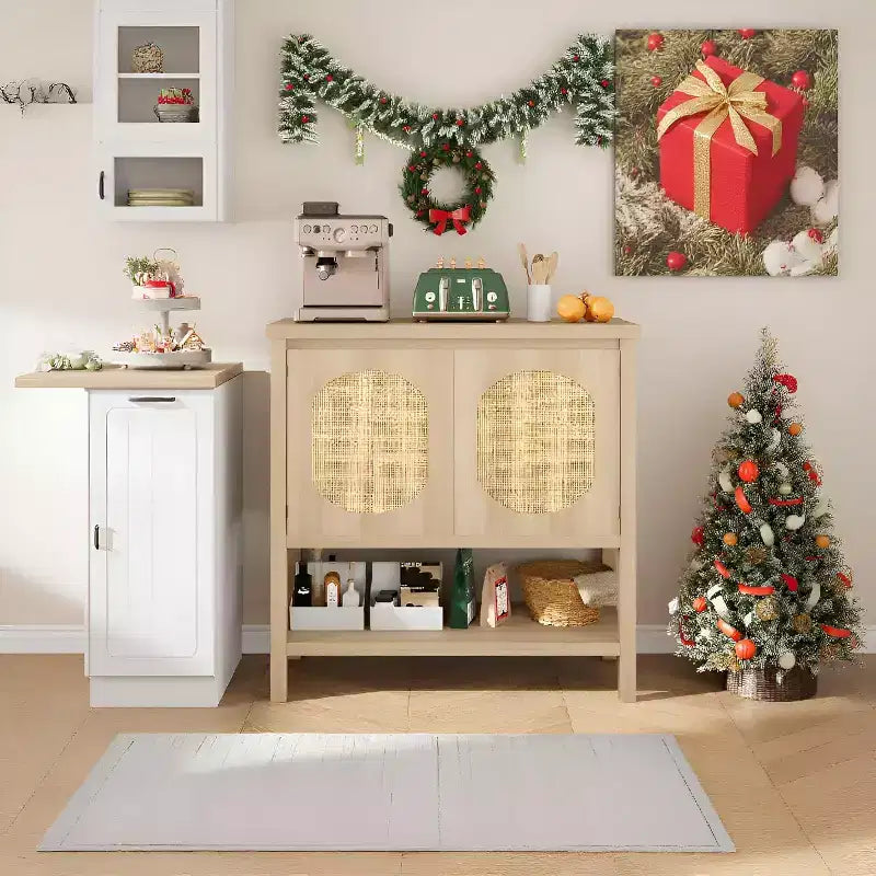 Madia/Mobile buffet a 2 ante con pannelli in rattan, Nero / Naturale / Rovere / Bianco