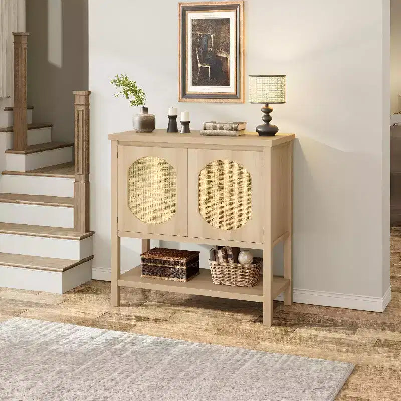 Madia/Mobile buffet a 2 ante con pannelli in rattan, Nero / Naturale / Rovere / Bianco