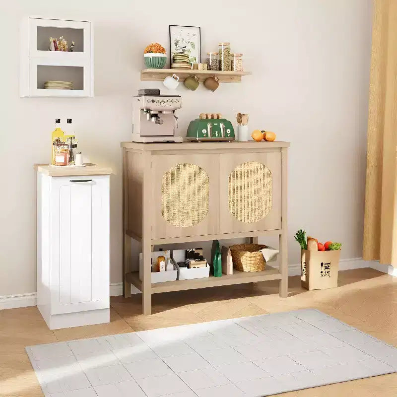 Madia/Mobile buffet a 2 ante con pannelli in rattan, Nero / Naturale / Rovere / Bianco