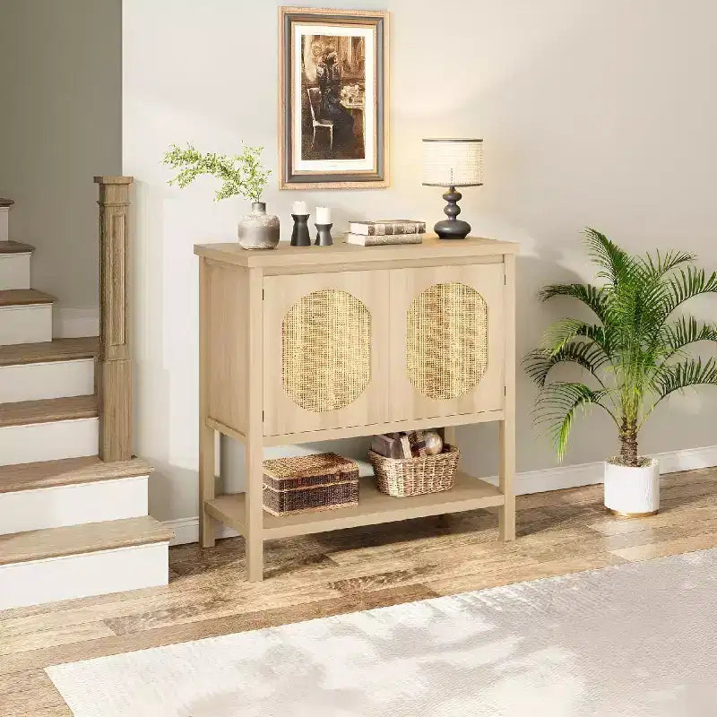 Madia/Mobile buffet a 2 ante con pannelli in rattan, Nero / Naturale / Rovere / Bianco