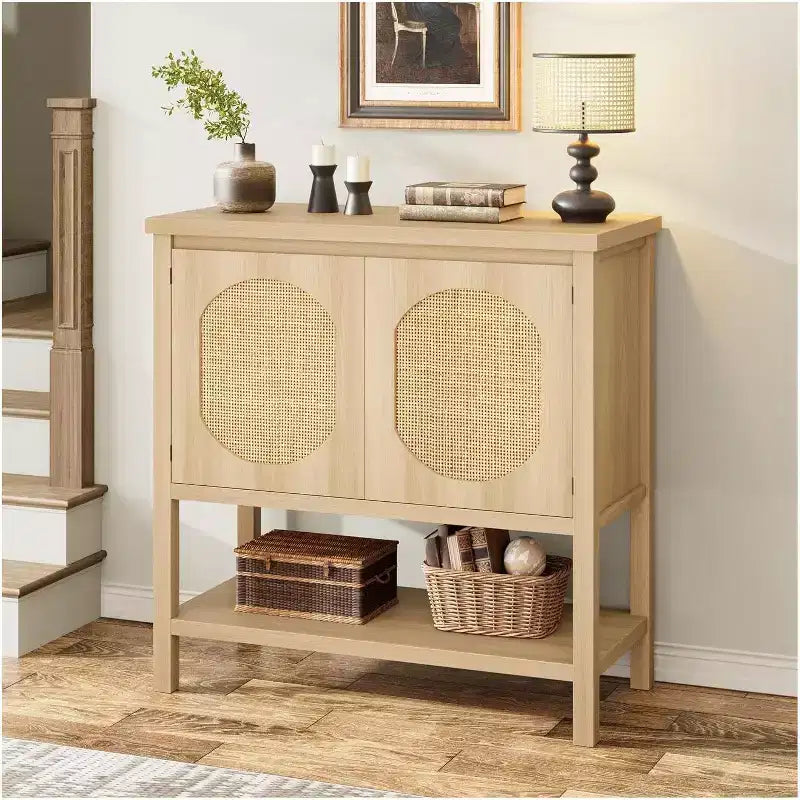Madia/Mobile buffet a 2 ante con pannelli in rattan, Nero / Naturale / Rovere / Bianco