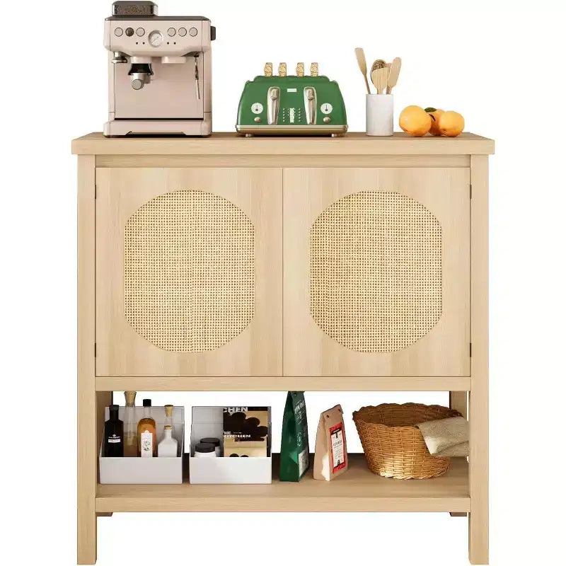 Madia/Mobile buffet a 2 ante con pannelli in rattan, Nero / Naturale / Rovere / Bianco