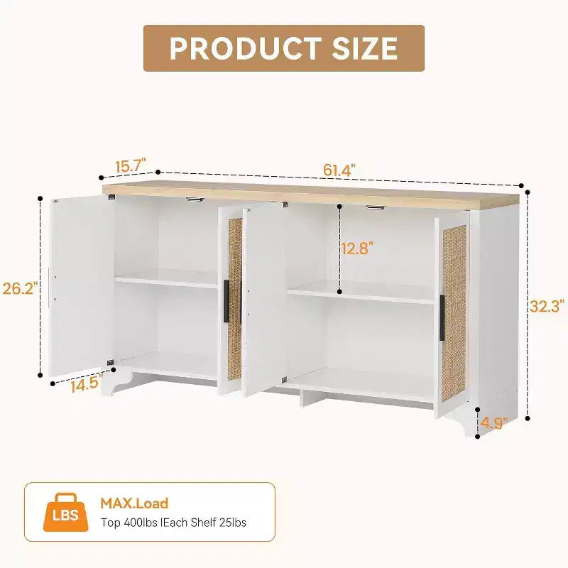 Madia/Mobile buffet a 2 ante con pannelli in rattan, Nero / Naturale / Rovere / Bianco