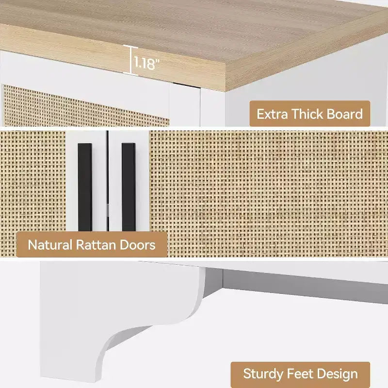 Madia/Mobile buffet a 2 ante con pannelli in rattan, Nero / Naturale / Rovere / Bianco