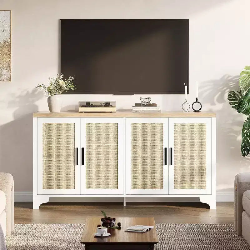 Madia/Mobile buffet a 2 ante con pannelli in rattan, Nero / Naturale / Rovere / Bianco