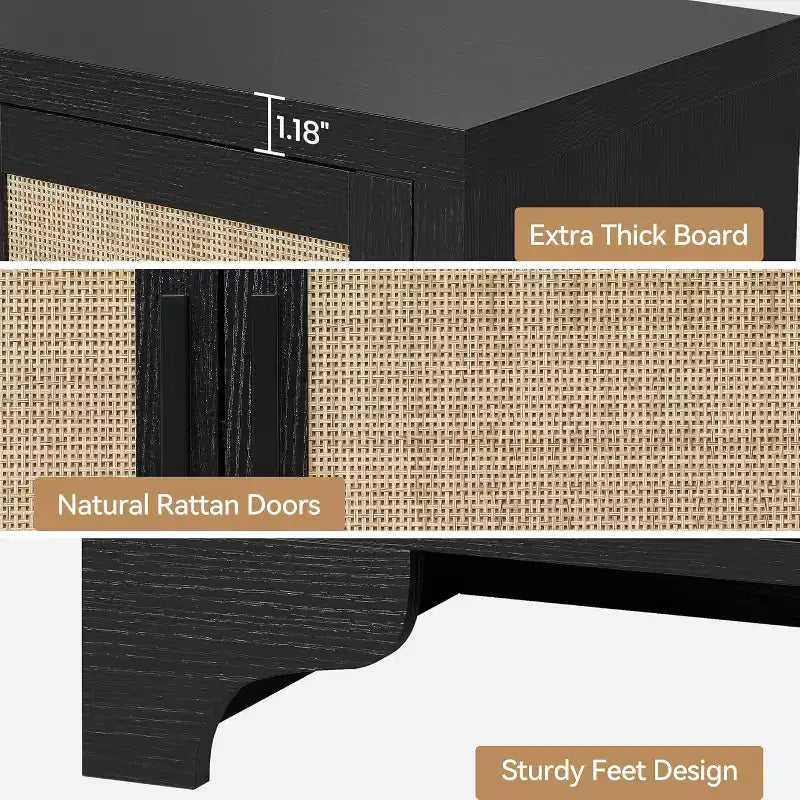Madia/Mobile buffet a 2 ante con pannelli in rattan, Nero / Naturale / Rovere / Bianco