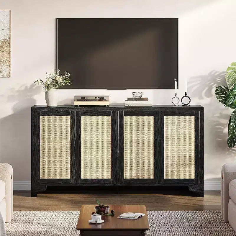 Madia/Mobile buffet a 2 ante con pannelli in rattan, Nero / Naturale / Rovere / Bianco