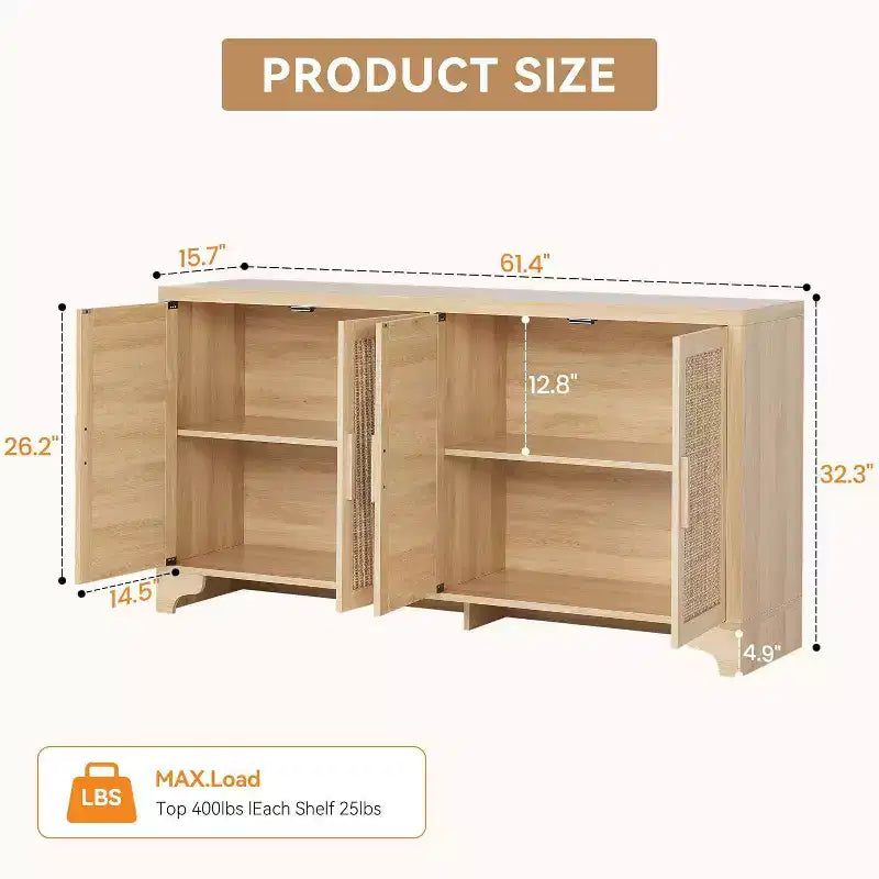 Madia/Mobile buffet a 2 ante con pannelli in rattan, Nero / Naturale / Rovere / Bianco