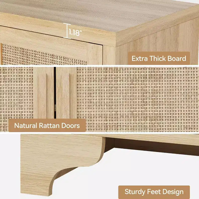Madia/Mobile buffet a 2 ante con pannelli in rattan, Nero / Naturale / Rovere / Bianco
