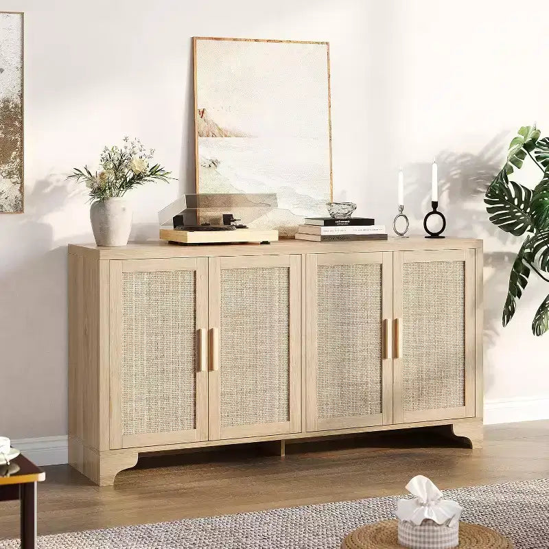 Madia/Mobile buffet a 2 ante con pannelli in rattan, Nero / Naturale / Rovere / Bianco