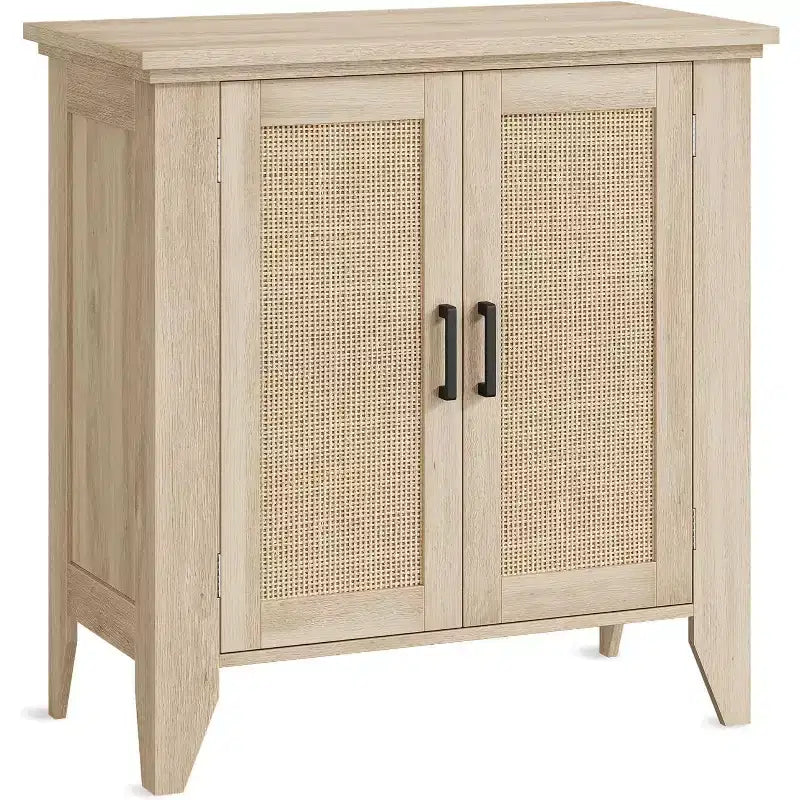 Madia/Mobile buffet a 2 ante con pannelli in rattan, Nero / Naturale / Rovere / Bianco