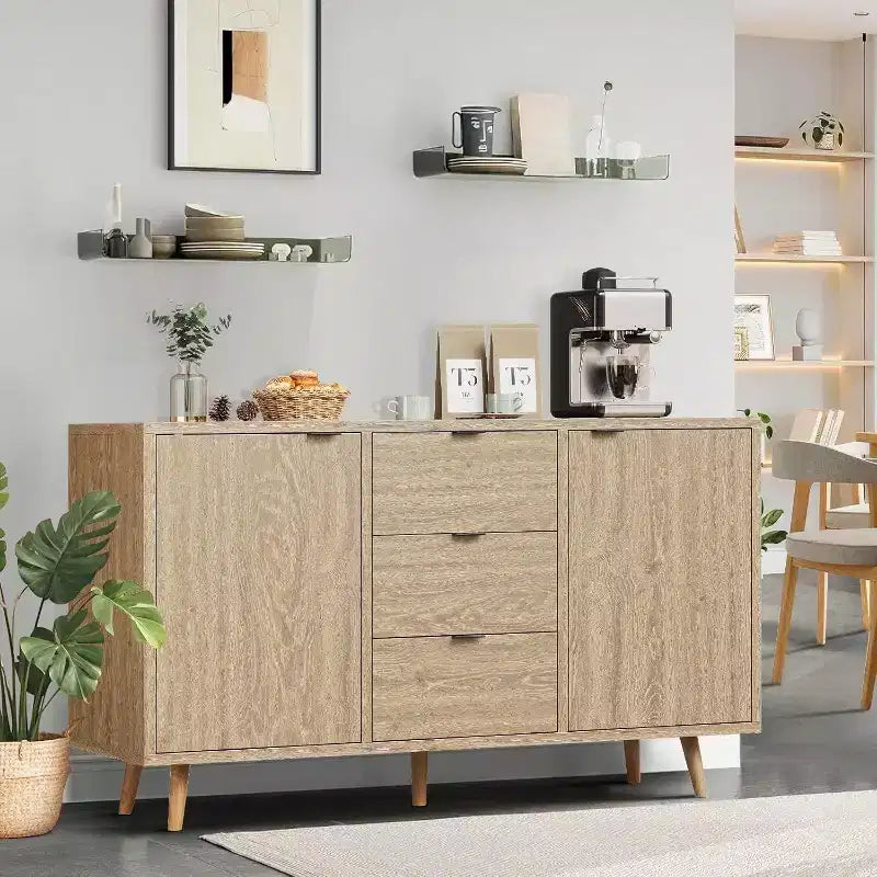 Madia/Mobile buffet a 2 ante con pannelli in rattan, Nero / Naturale / Rovere / Bianco