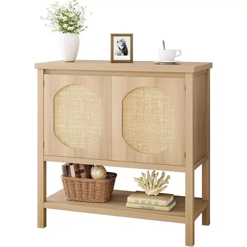 Madia/Mobile buffet a 2 ante con pannelli in rattan, Nero / Naturale / Rovere / Bianco