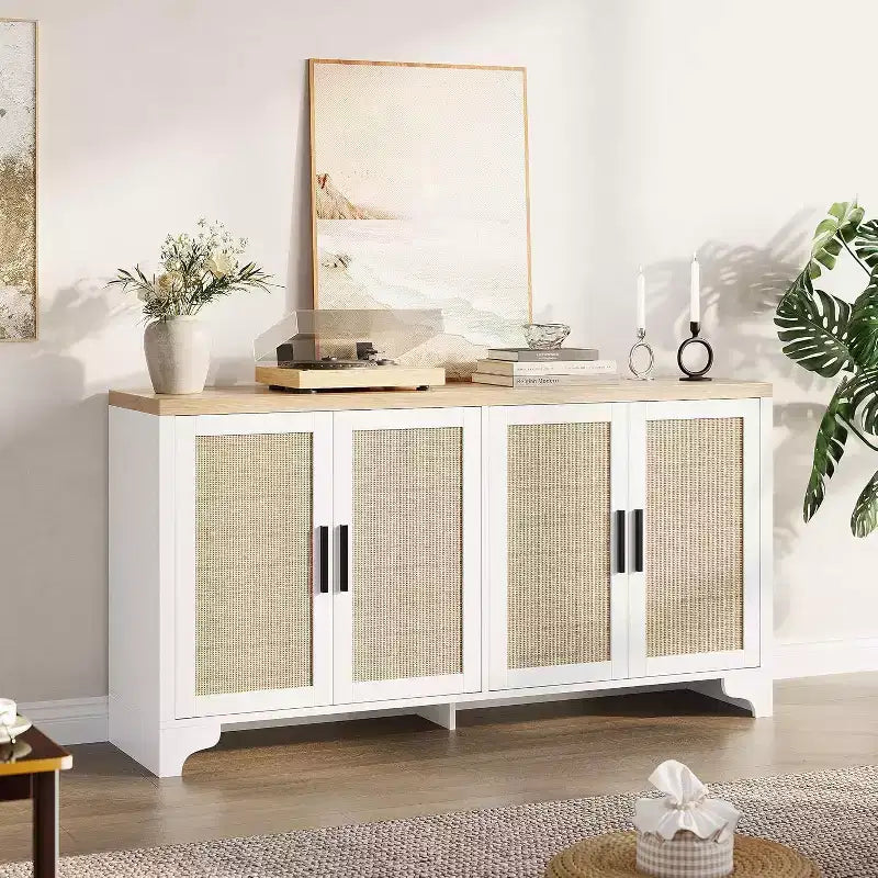 Madia/Mobile buffet a 2 ante con pannelli in rattan, Nero / Naturale / Rovere / Bianco