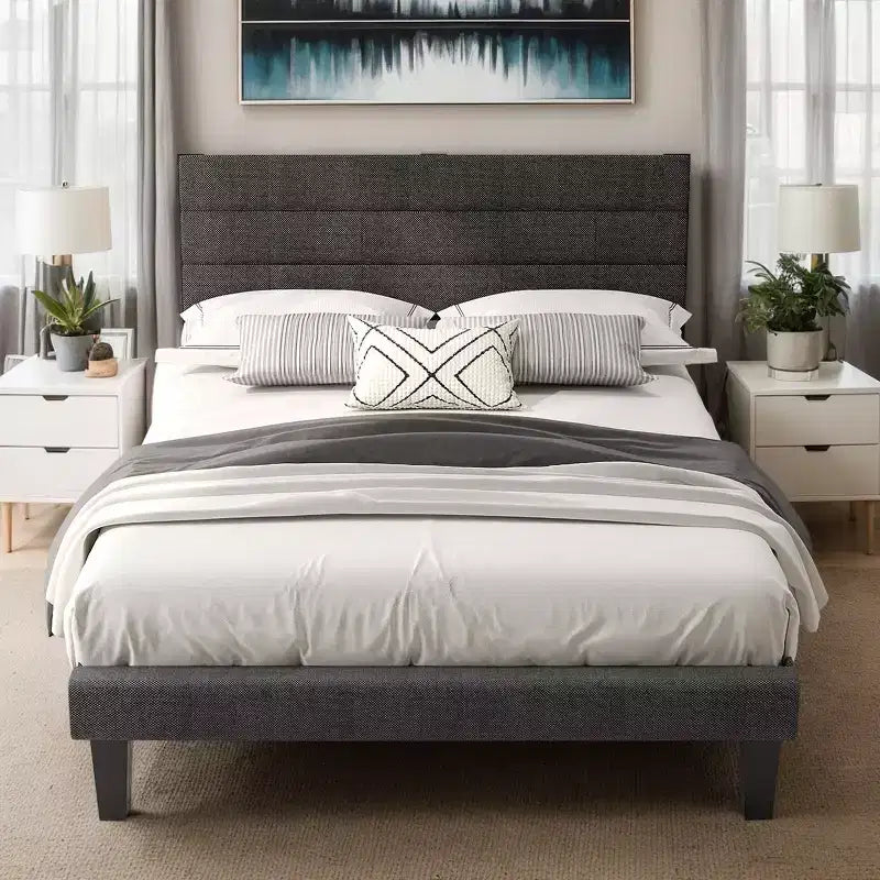 Letto a Piattaforma Imbottito Grigio con Testiera – Tessuto Lino, 1 Persona, da Singolo a King Size