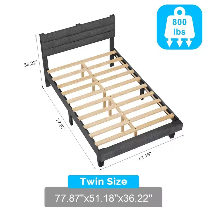 Letto a Piattaforma Imbottito Grigio con Testiera – Tessuto Lino, 1 Persona, da Singolo a King Size