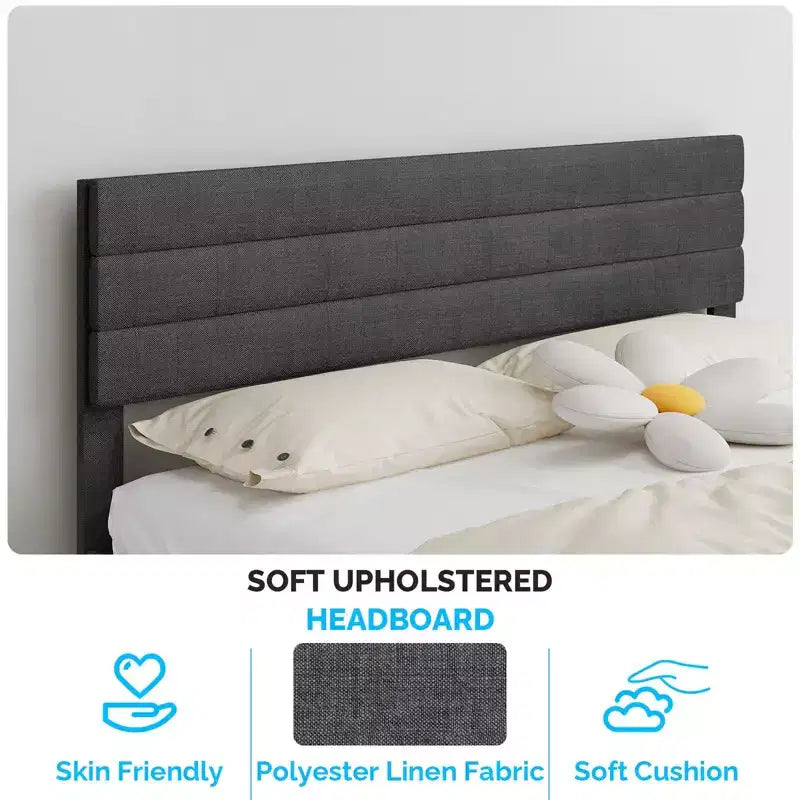 Letto a Piattaforma Imbottito Grigio con Testiera – Tessuto Lino, 1 Persona, da Singolo a King Size