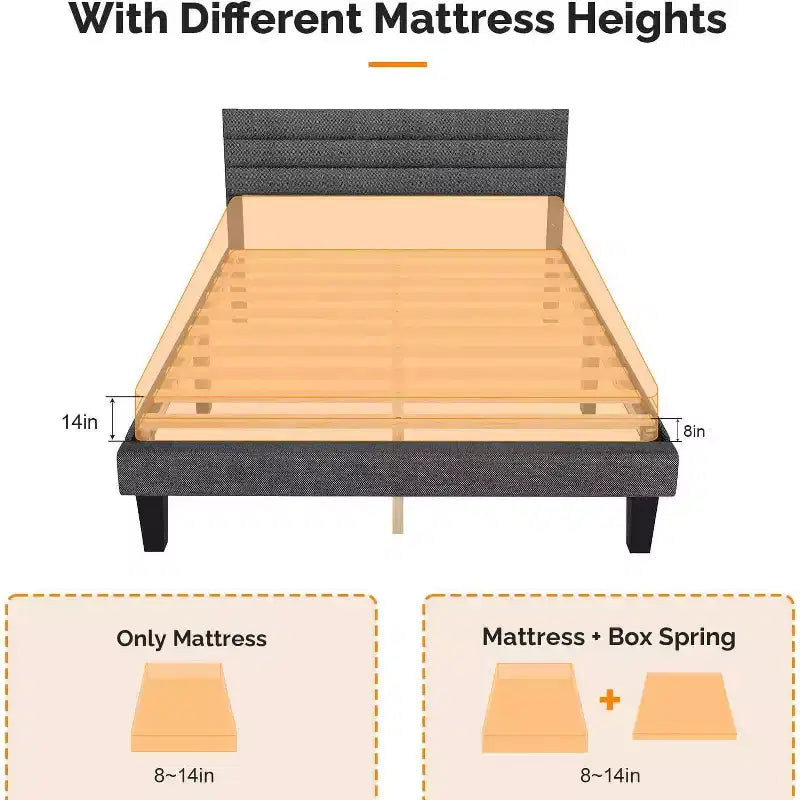 Letto a Piattaforma Imbottito Grigio con Testiera – Tessuto Lino, 1 Persona, da Singolo a King Size