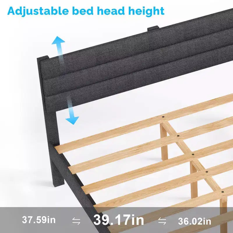 Letto a Piattaforma Imbottito Grigio con Testiera – Tessuto Lino, 1 Persona, da Singolo a King Size