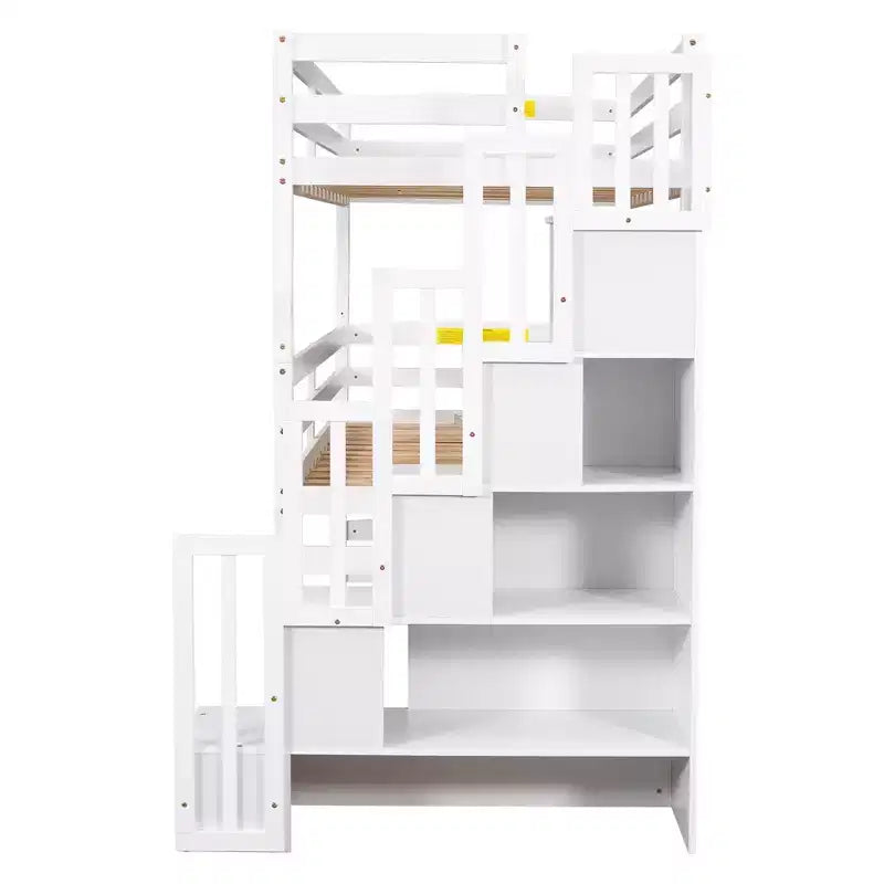 Letto a castello triplo bianco con scaletta contenitore, 3 persone