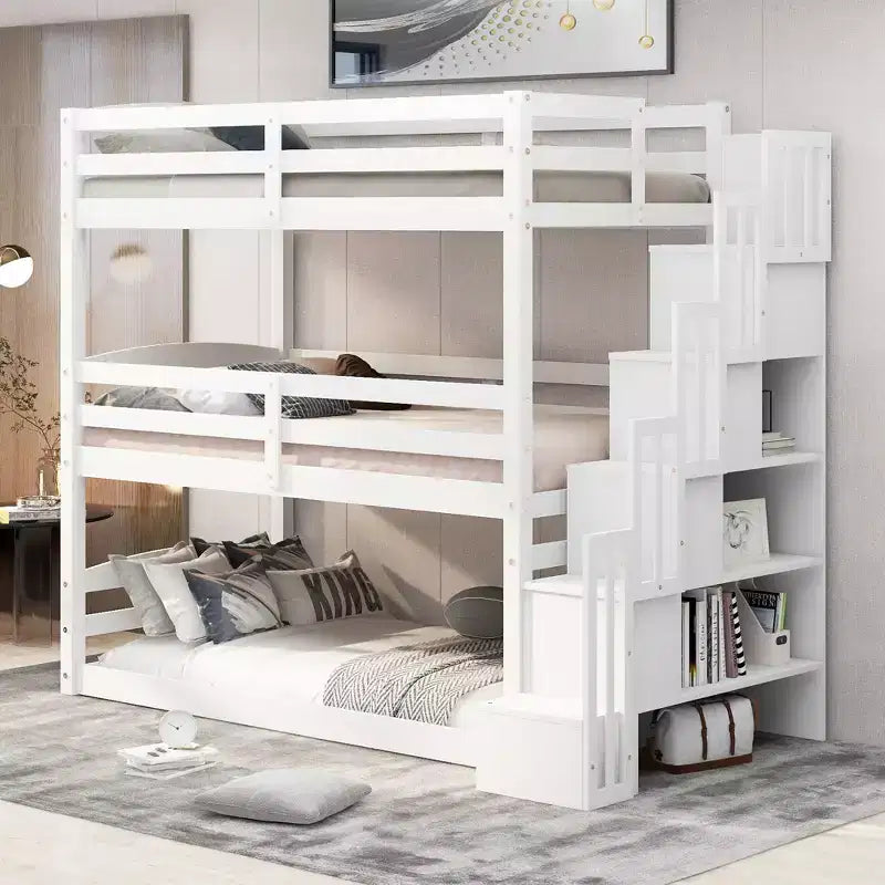 Letto a castello triplo bianco con scaletta contenitore, 3 persone
