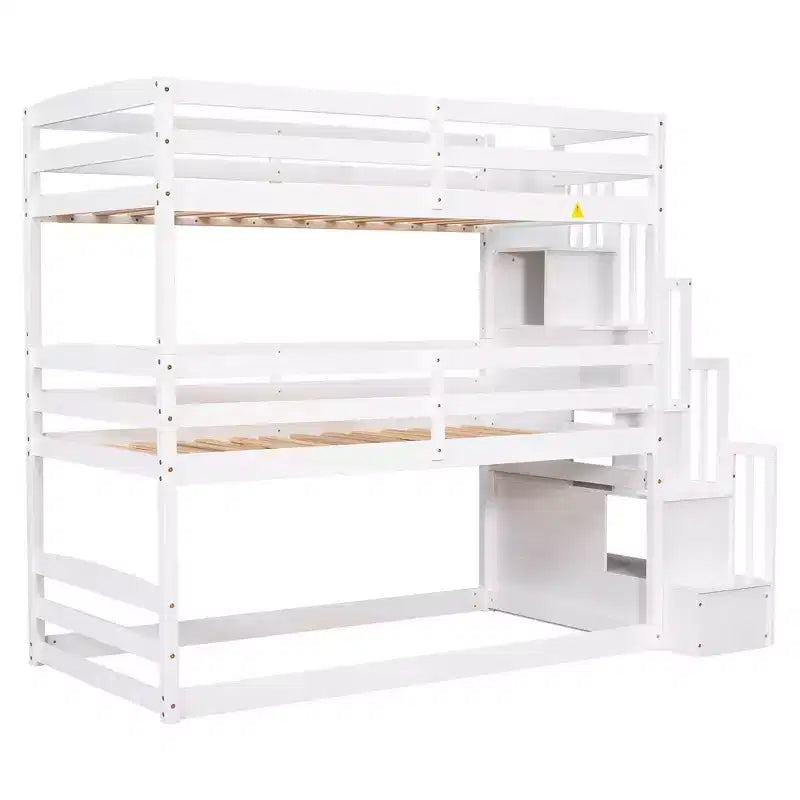 Letto a castello triplo bianco con scaletta contenitore, 3 persone