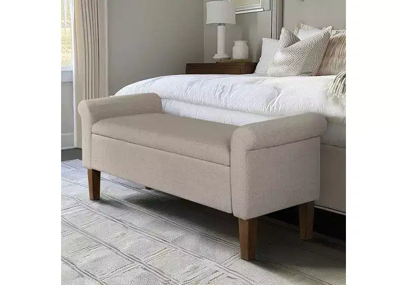 Panca Contenitore con Braccioli e Seduta Sollevabile, 2 Posti – Beige / Blu / Naturale