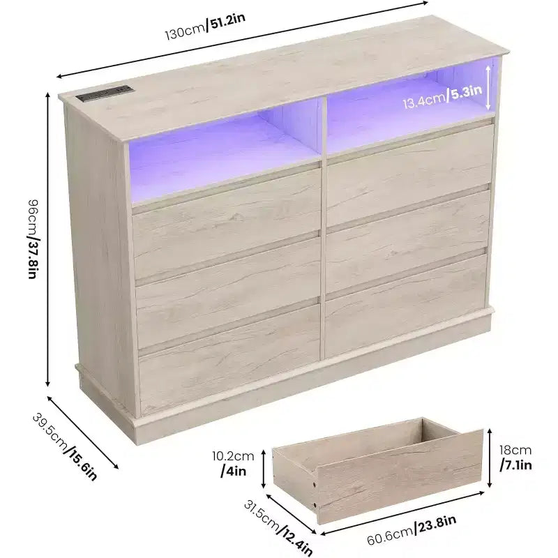 Cassettiera a 6 cassetti con luci LED e stazione di ricarica, Rovere Scuro / Rovere Vintage Screpolato / Bianco