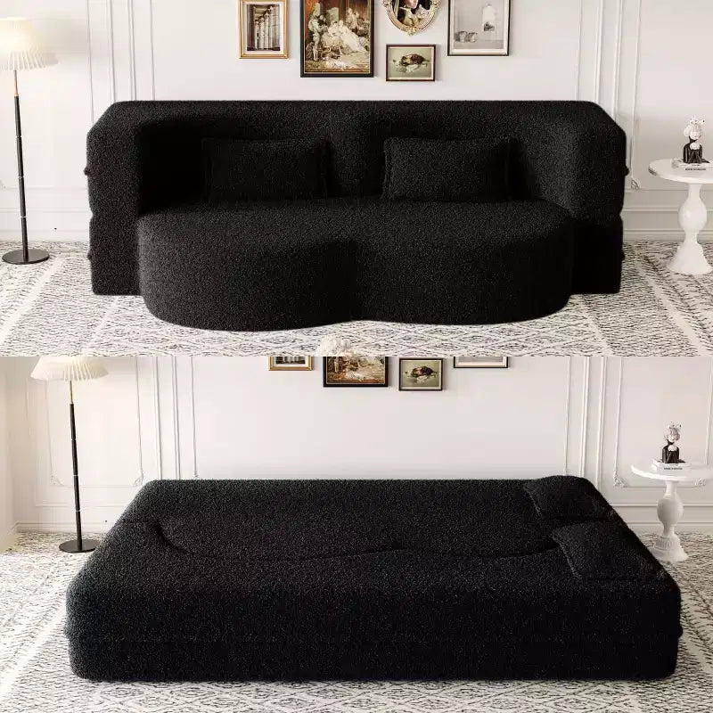 Divano a pavimento convertibile, divano pieghevole a 2 posti con 2 cuscini, tessuto Teddy, multicolore