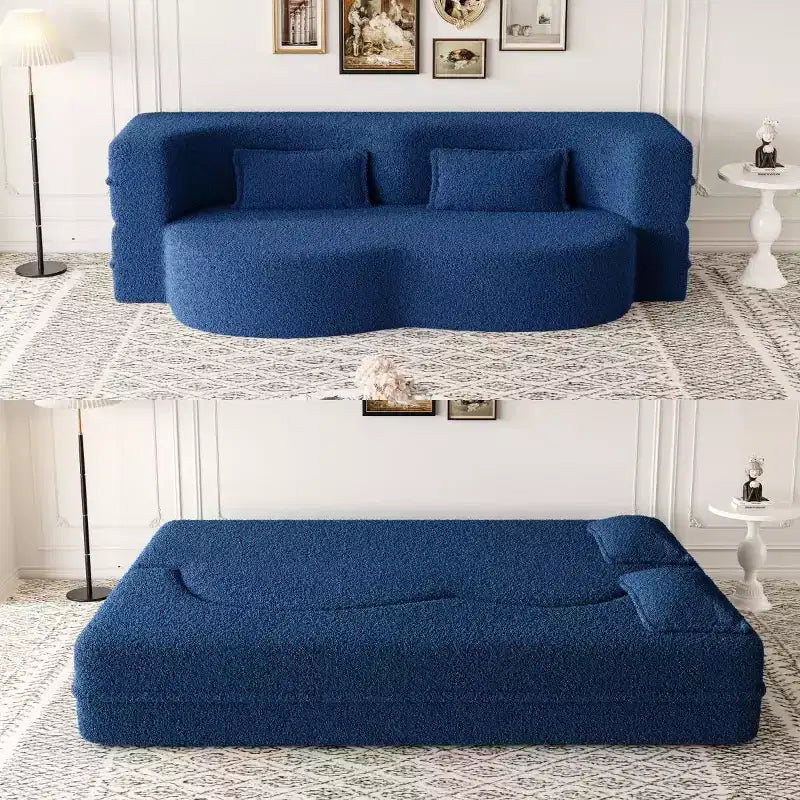 Divano a pavimento convertibile, divano pieghevole a 2 posti con 2 cuscini, tessuto Teddy, multicolore