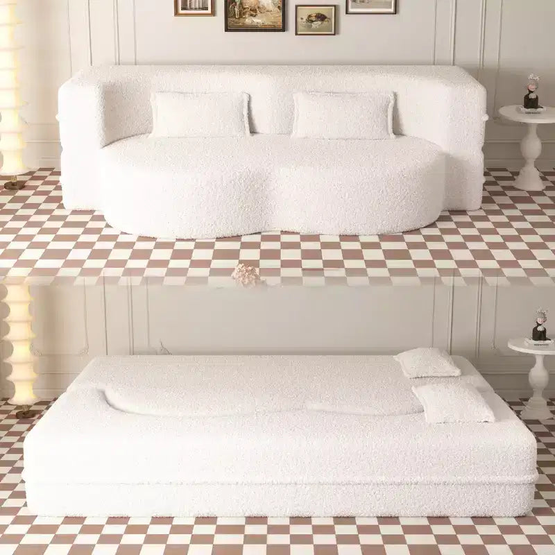 Divano a pavimento convertibile, divano pieghevole a 2 posti con 2 cuscini, tessuto Teddy, multicolore