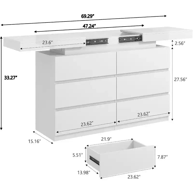 Comò moderno nero/bianco a 6 cassetti con luci LED e piano scorrevole – 1 persona