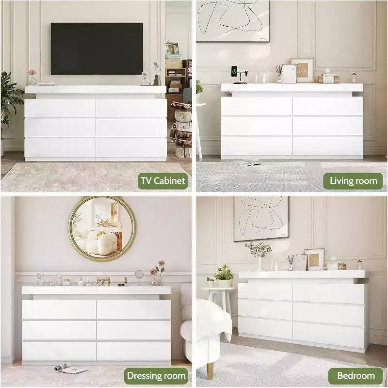 Comò moderno nero/bianco a 6 cassetti con luci LED e piano scorrevole – 1 persona